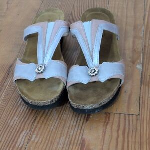 Naot Women's Pink & White T-Strap Cork Slide Sandals with Rhinestone Accent